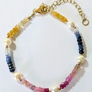BBJ 925 Vermeil Rainbow Ombre Sapphire & Freshwater Pearl Beaded Bracelet 7-9"